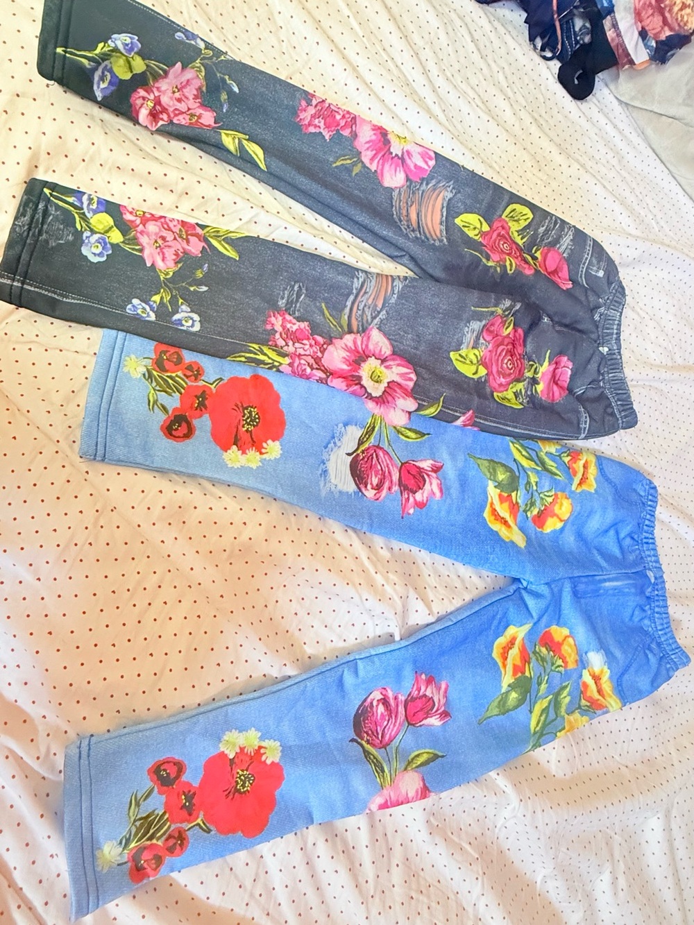 Girls Floral Print Jeggings – Pink Flowers on Blue & Gray